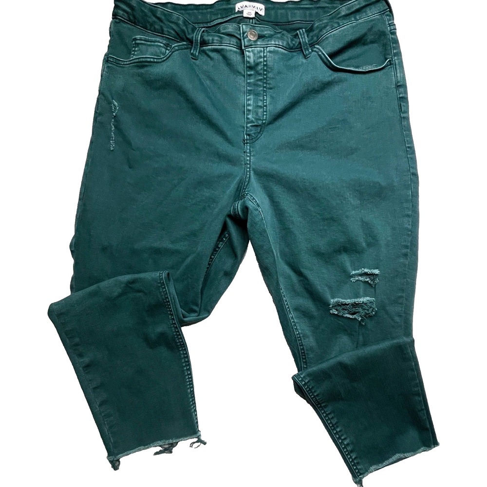 Ava & Viv Skinny Jeans Womens 18W Green Distressed Raw Hem High Rise Stretch